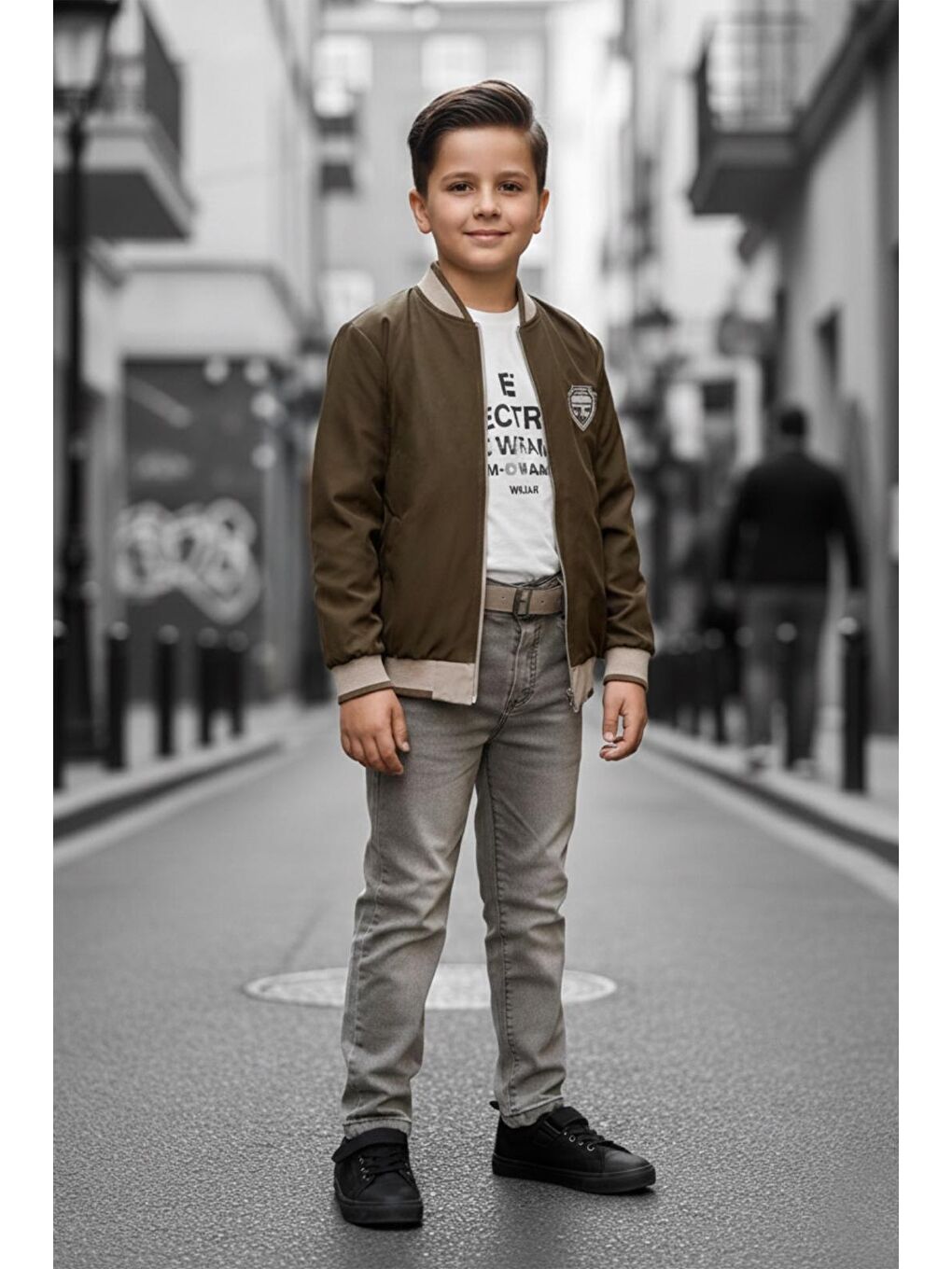 Bej Erkek Çocuk Çift Taraflı Ceketli Penye Bluzlu Keten Pantolonlu Takım Elbise TKM1602-1