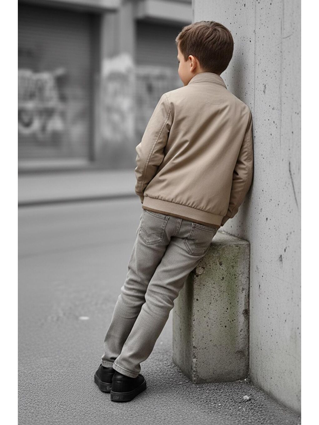 Bej Erkek Çocuk Çift Taraflı Ceketli Penye Bluzlu Keten Pantolonlu Takım Elbise TKM1602-2