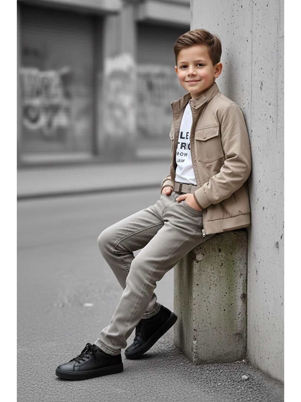 Bej Erkek Çocuk Çift Taraflı Ceketli Penye Bluzlu Keten Pantolonlu Takım Elbise TKM1602-3