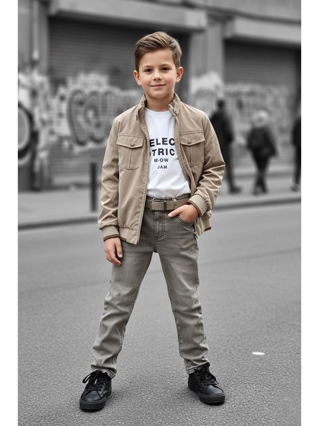 Bej Erkek Çocuk Çift Taraflı Ceketli Penye Bluzlu Keten Pantolonlu Takım Elbise TKM1602-4