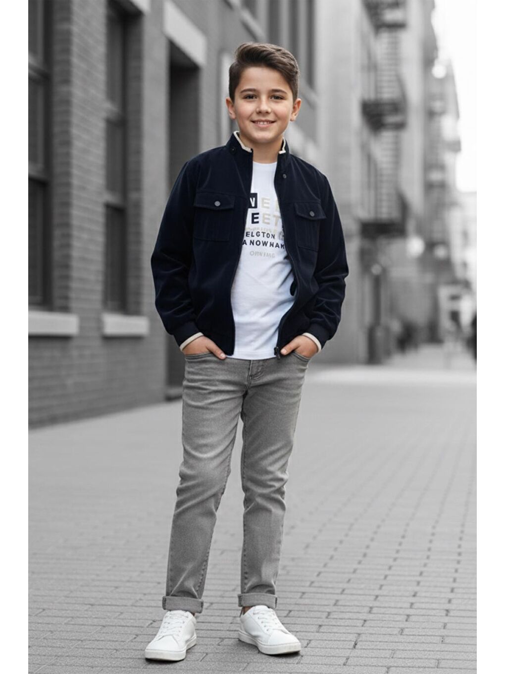 Lacivert Erkek Çocuk Çift Taraflı Ceketli Penye Bluzlu Keten Pantolonlu Takım Elbise TKM1602-1