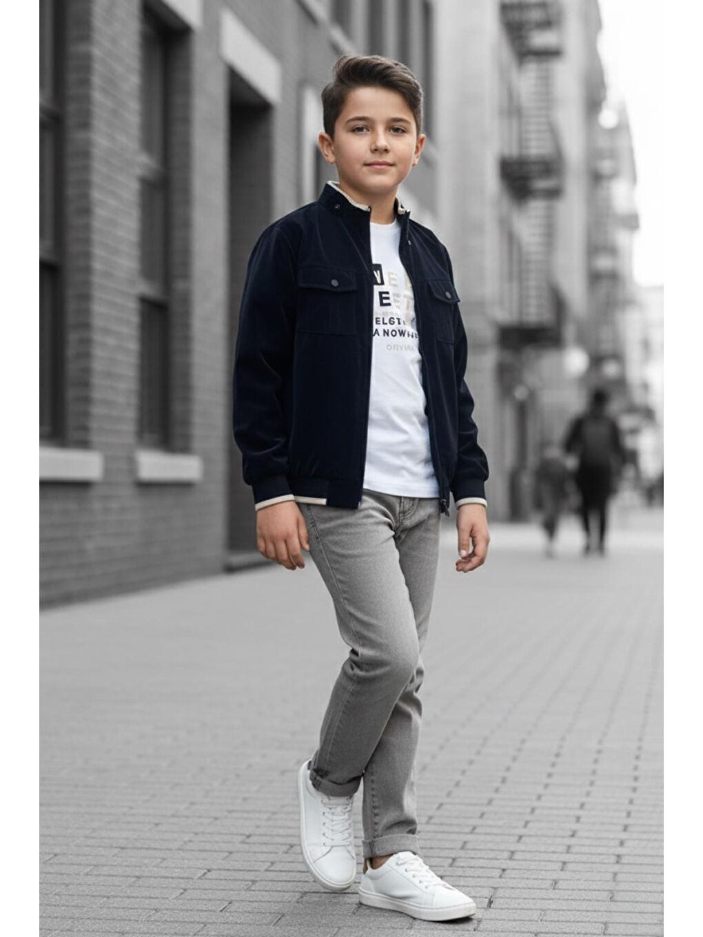 Lacivert Erkek Çocuk Çift Taraflı Ceketli Penye Bluzlu Keten Pantolonlu Takım Elbise TKM1602-2