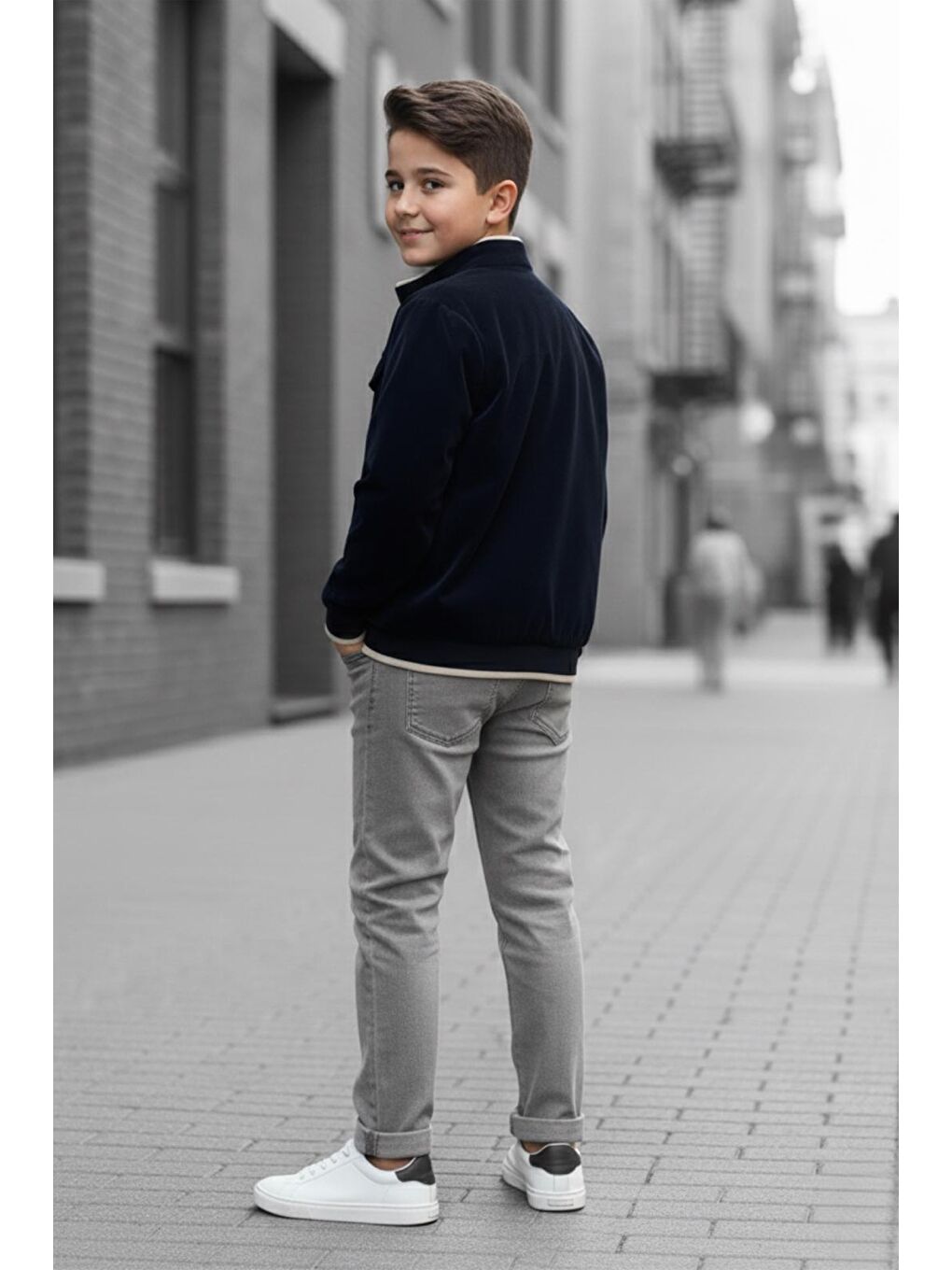 Lacivert Erkek Çocuk Çift Taraflı Ceketli Penye Bluzlu Keten Pantolonlu Takım Elbise TKM1602-3