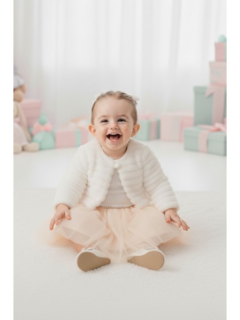 Pembe Pelüş Bolerolu Kız Bebek Elbise M00771