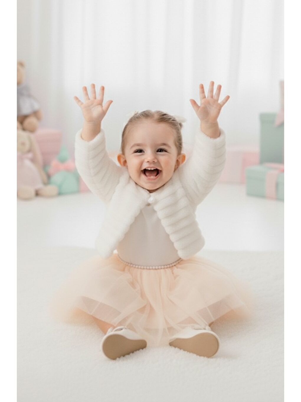 Pembe Pelüş Bolerolu Kız Bebek Elbise M00771-1