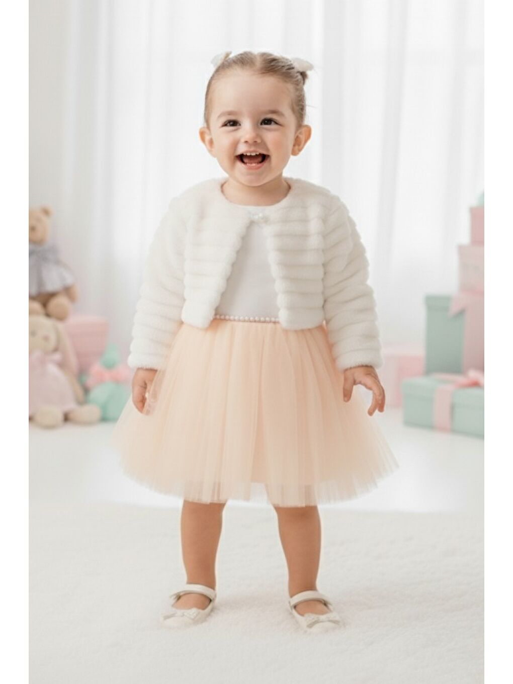 Pembe Pelüş Bolerolu Kız Bebek Elbise M00771-2