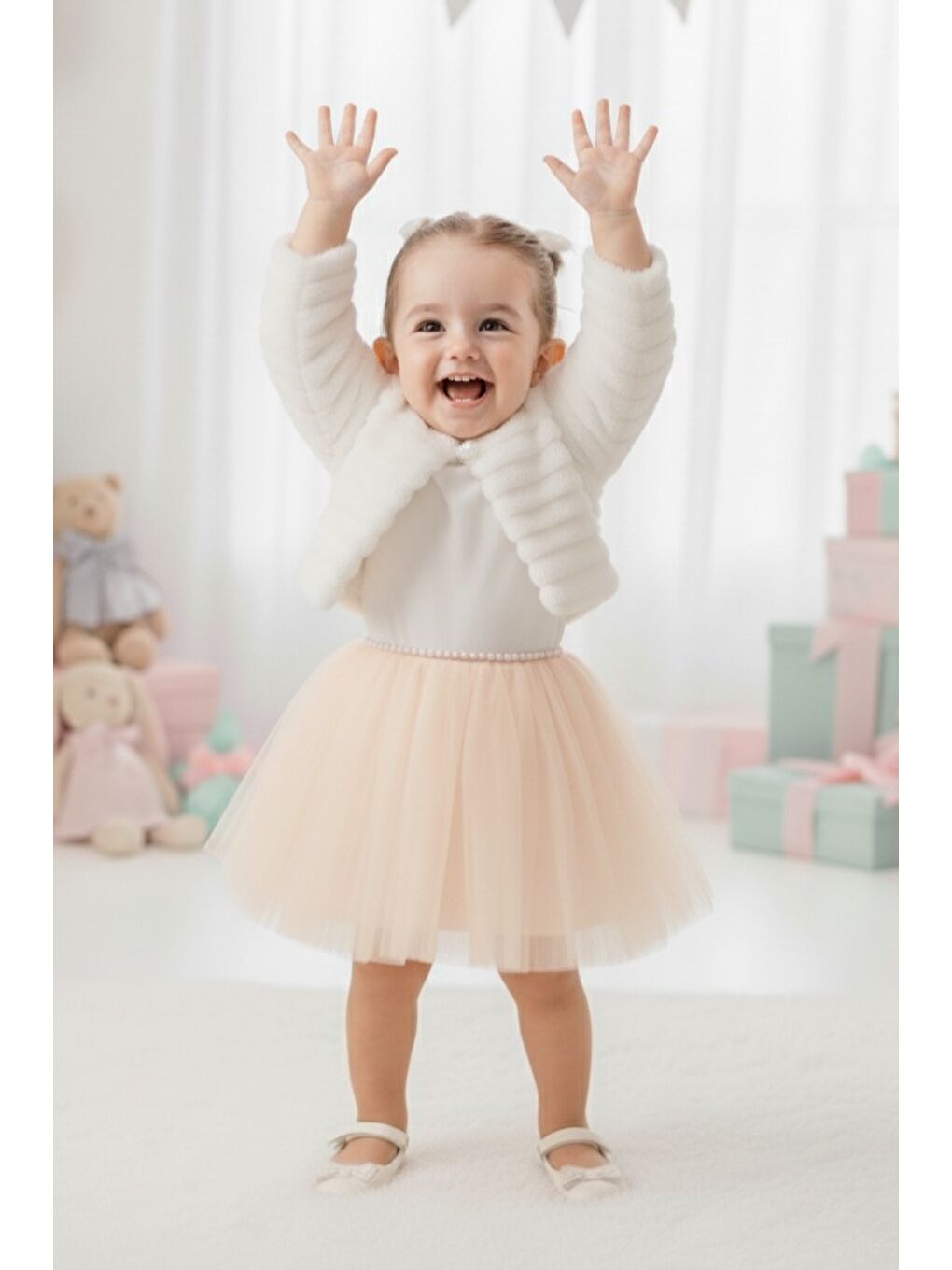 Pembe Pelüş Bolerolu Kız Bebek Elbise M00771-3