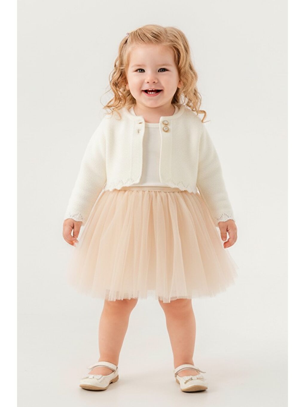 Ekru Triko Bolerolu Kız Bebek Elbise M00772-1