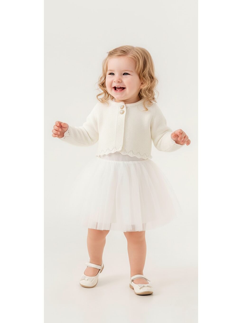 Ekru Triko Bolerolu Kız Bebek Elbise M00772