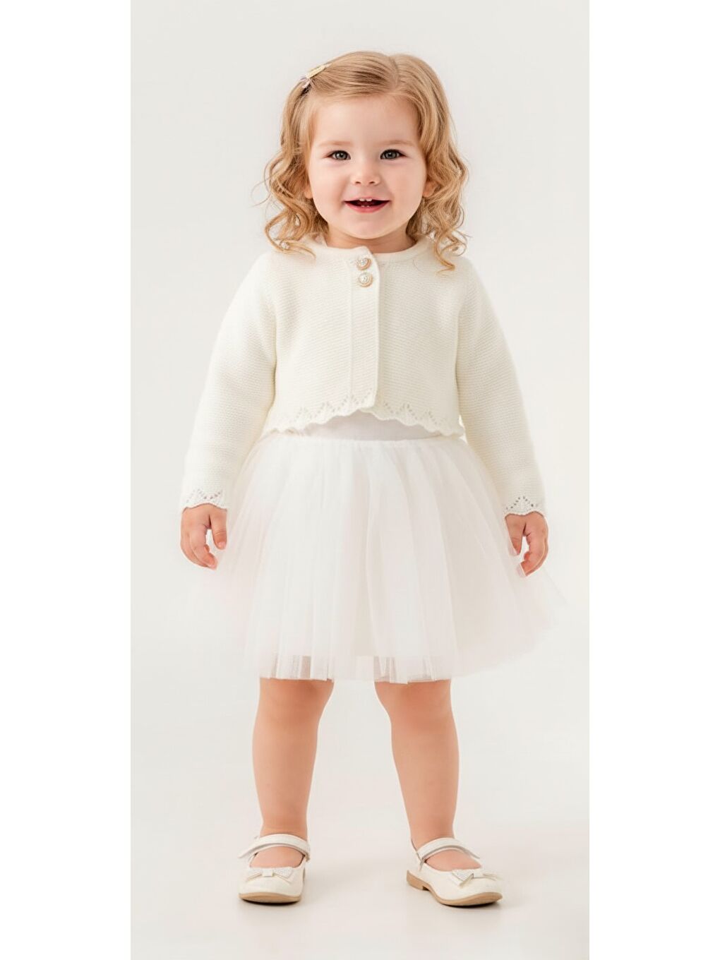 Ekru Triko Bolerolu Kız Bebek Elbise M00772-3