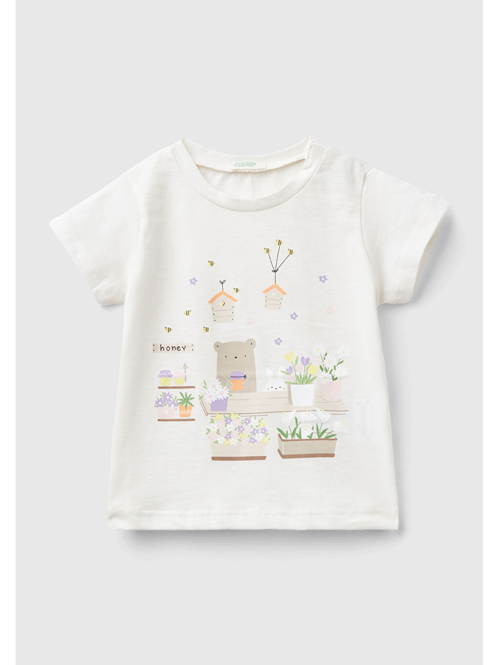 United Colors Of Benetton Ekru Bebek Krem Önü Grafik Baskılı Omzu Çıtçıtlı T-Shirt