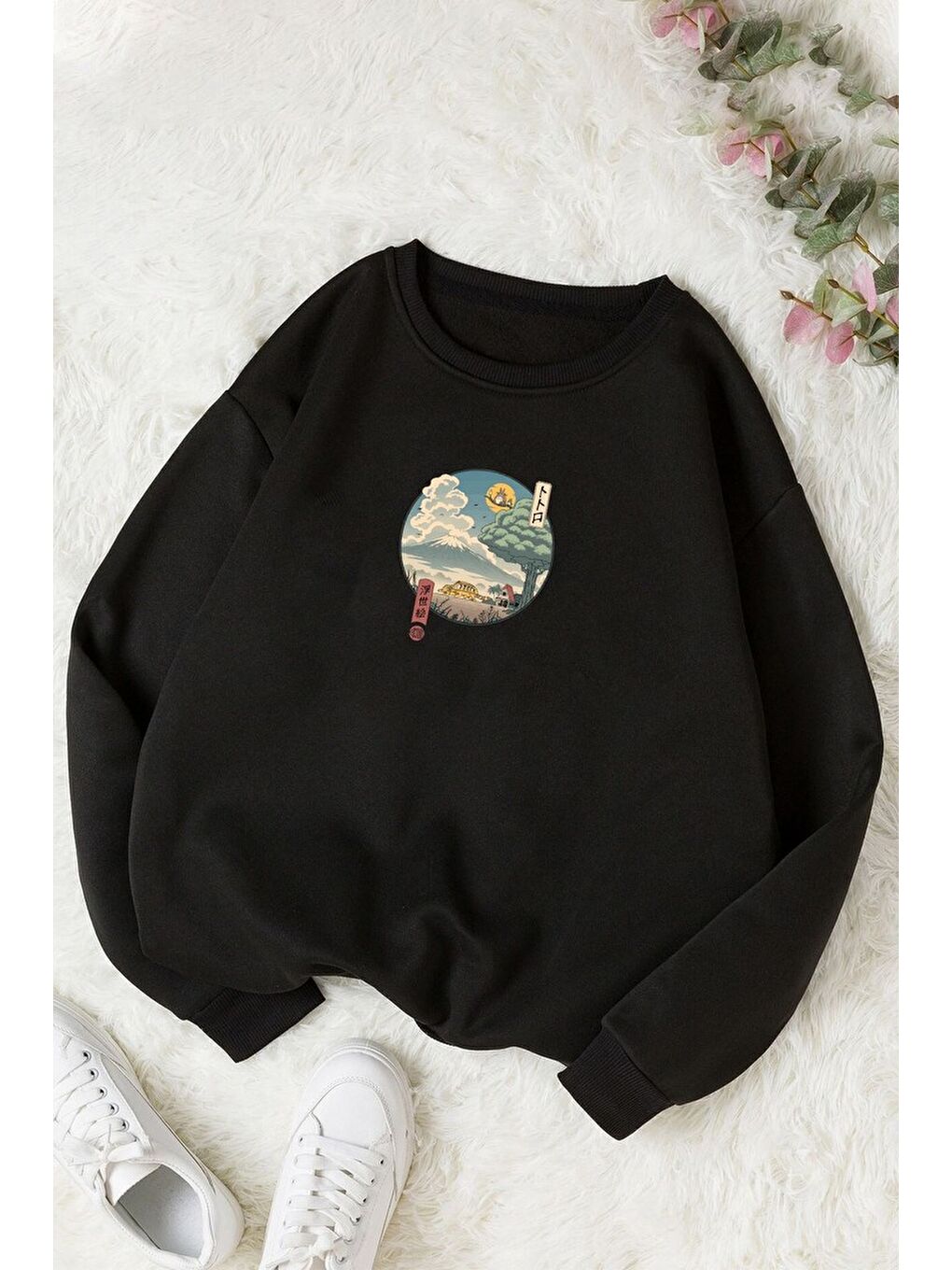 uyguntarz Siyah Unisex Neighbor's Ukiyo e Baskılı Bisiklet Yaka Sweatshirt