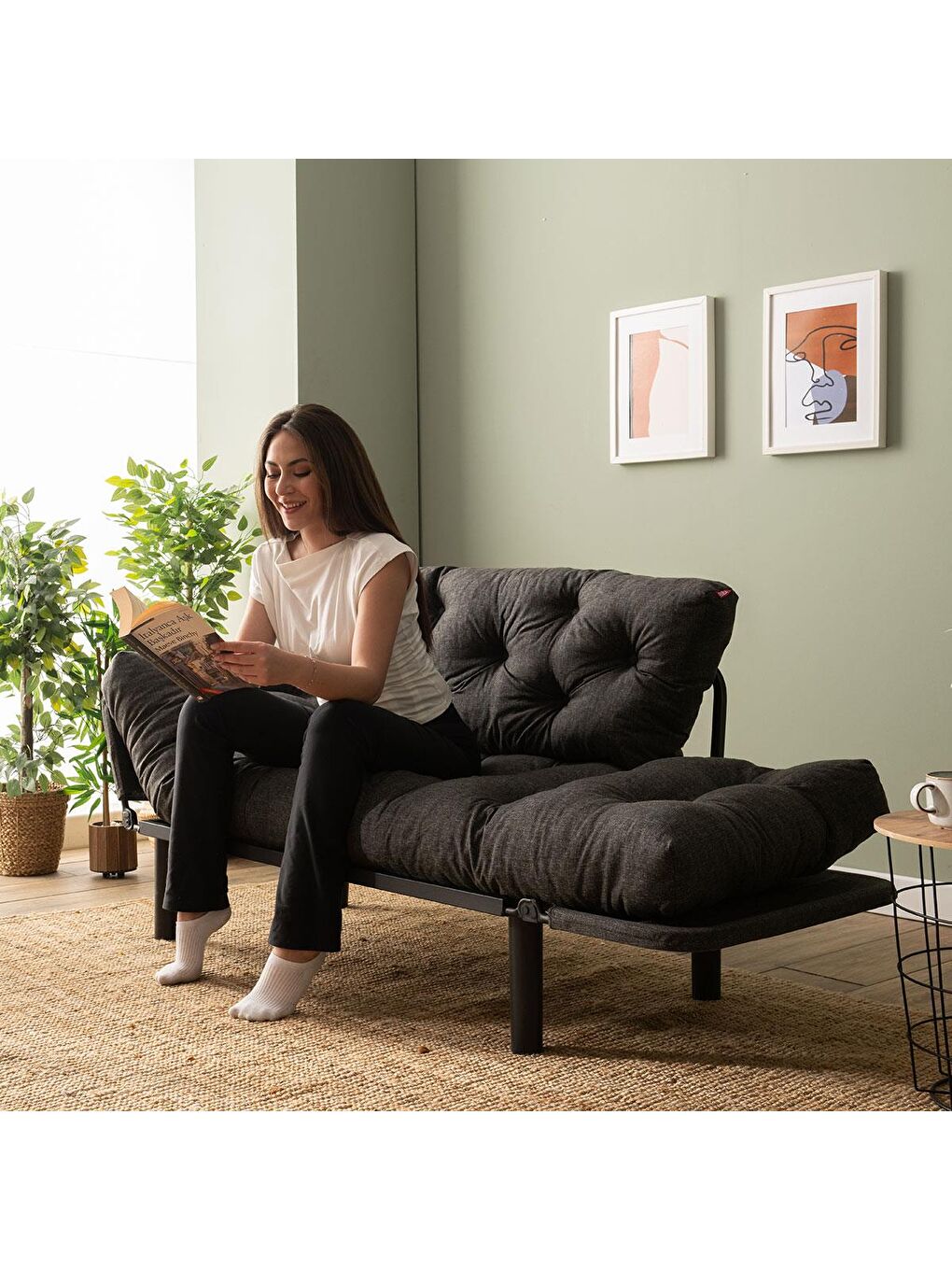 Nitta İkili Kanepe Keten Koyu Gri