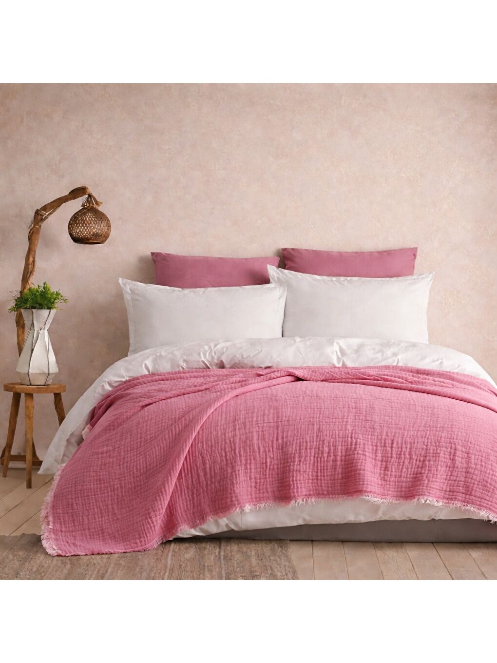Fuşya 4 Katlı Müslin Pike 240x260 cm Çift Kişilik Battal Boy %100 Pamuk Nefes Alabilir Yumuşak Doku