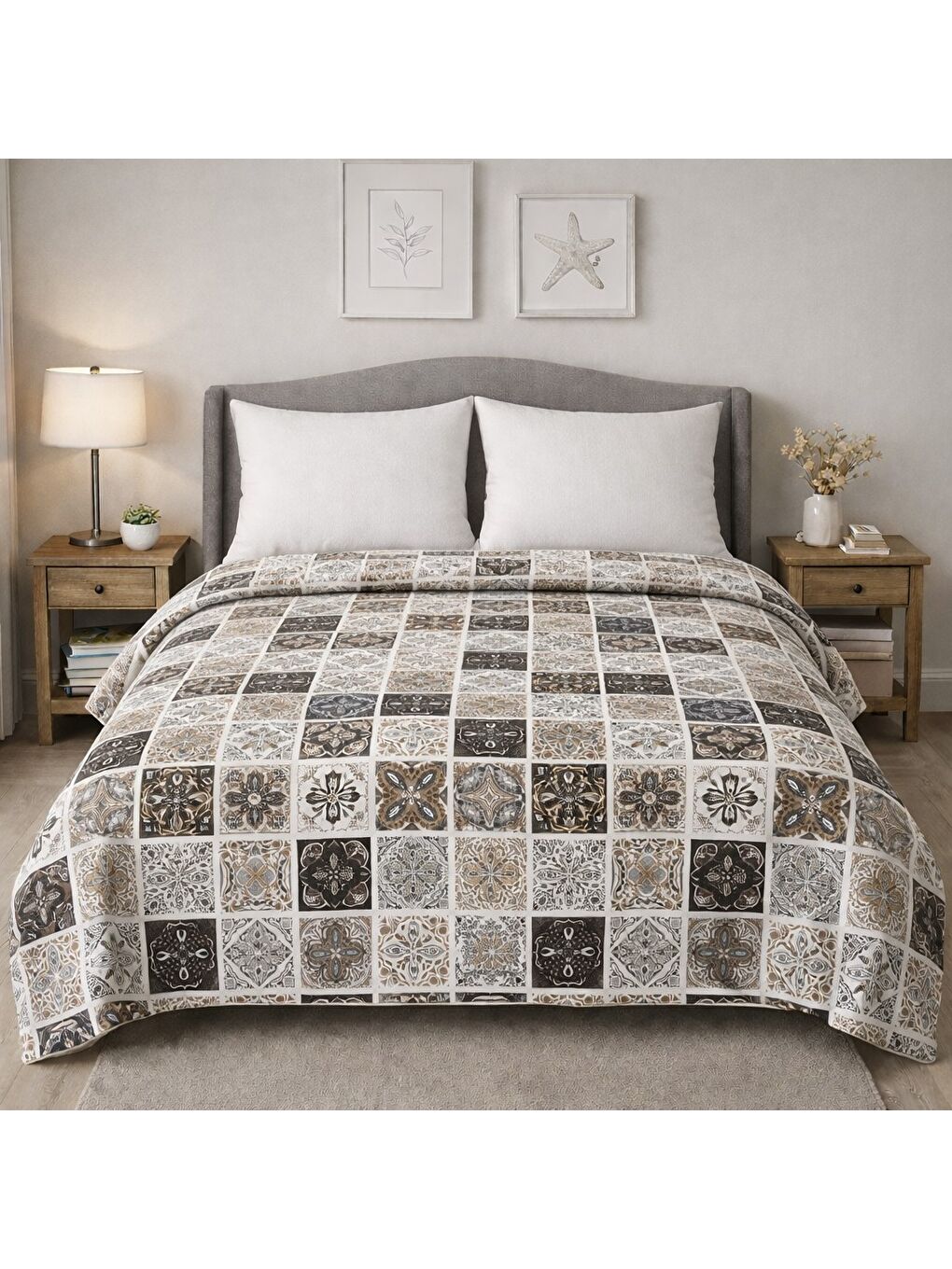 Kahverengi King size Desenli Pike Yatak Örtüsü Çift Kişilik 240x260 cm