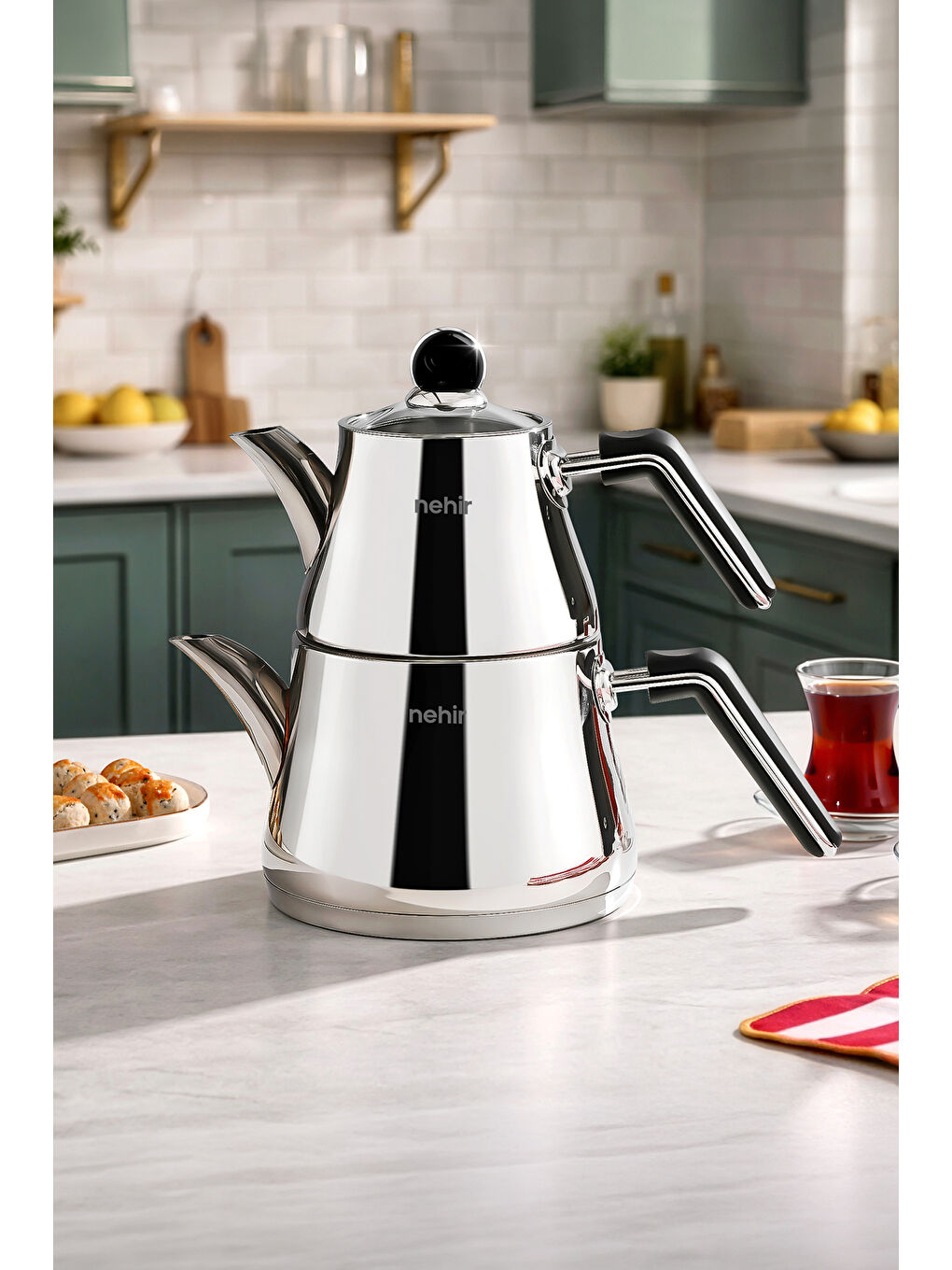 Gri Luna Midi Büyük Boy Paslanmaz Çelik 0.75-1.50 Litre Çaydanlık Takımı