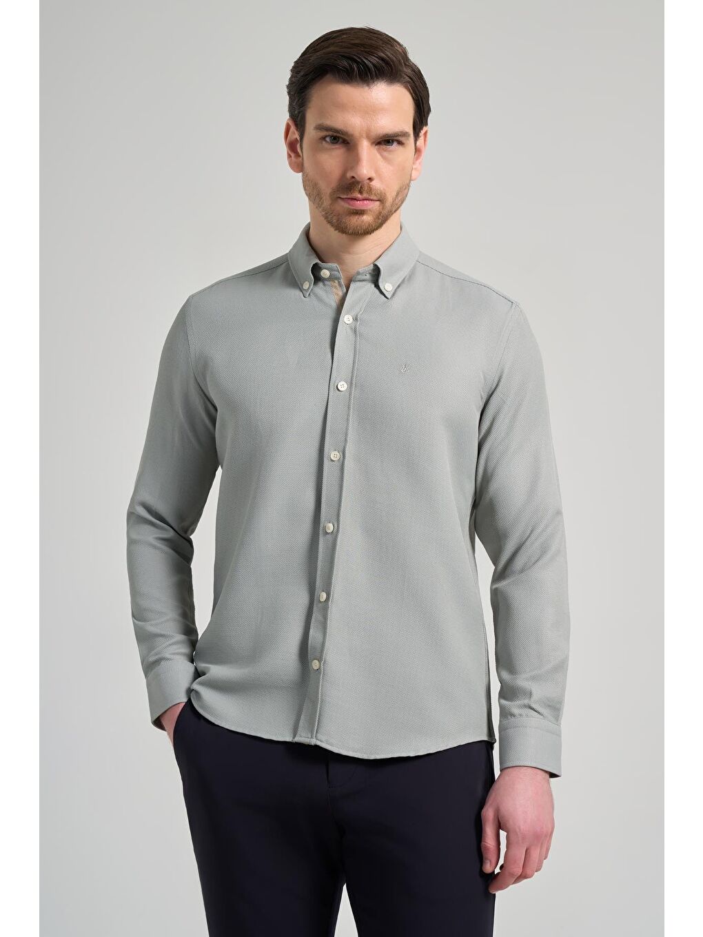 Turkuaz Uzun Kol Desenli Armürlü Düğmeli Yaka Cepsiz Pamuklu Casual Slim Fit Gömlek 1004250206