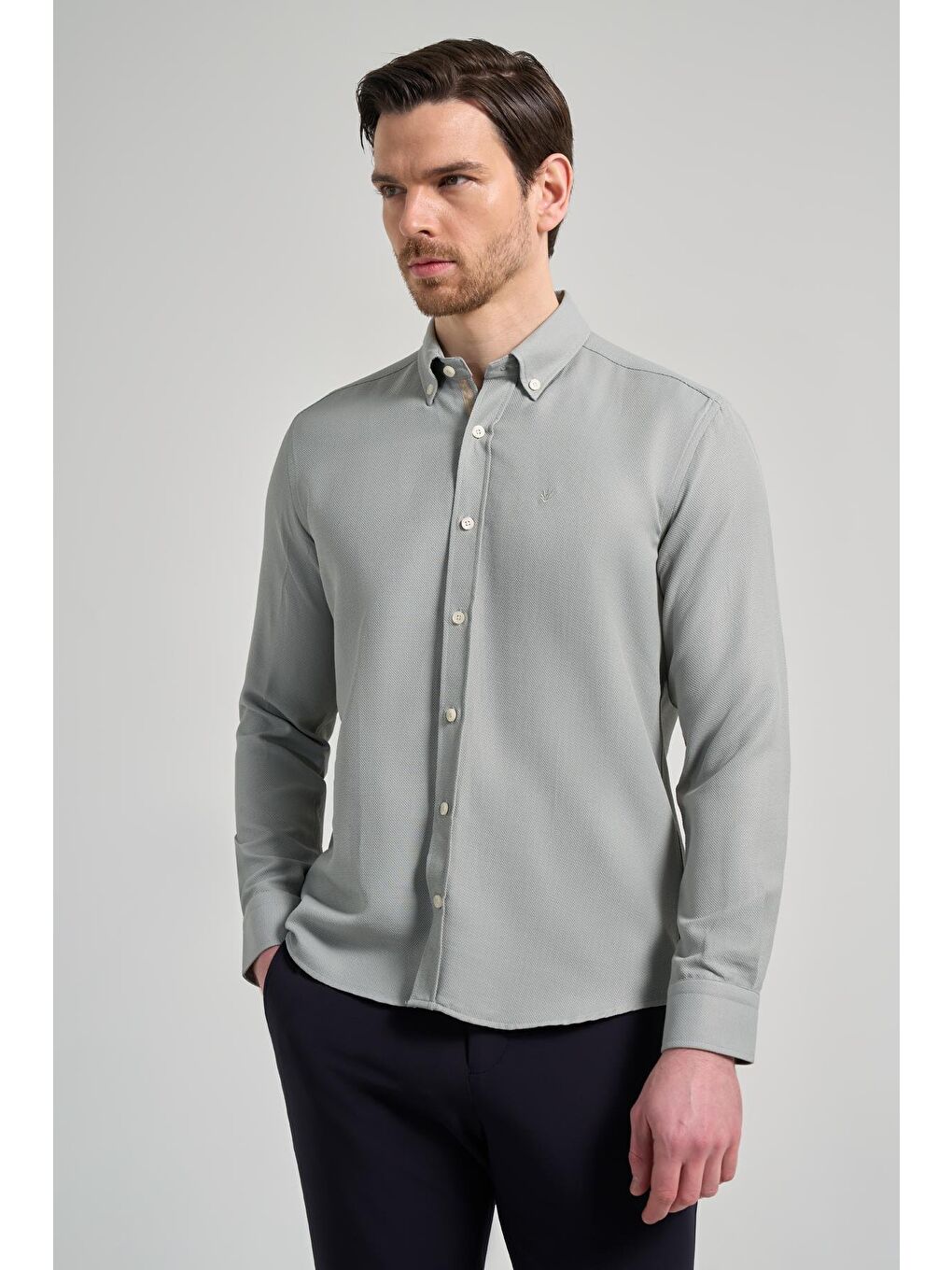 Turkuaz Uzun Kol Desenli Armürlü Düğmeli Yaka Cepsiz Pamuklu Casual Slim Fit Gömlek 1004250206-2