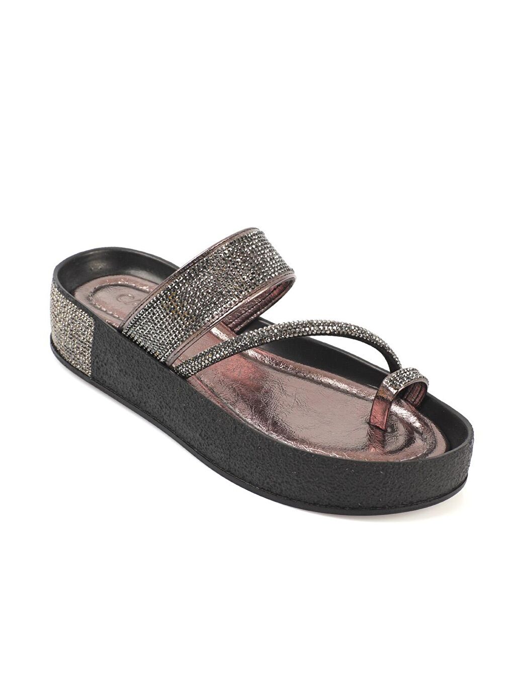 Gri Taşlı Bantlı Taşlı Detaylı Dolgu Topuk Metalik Kadın Terlik-4