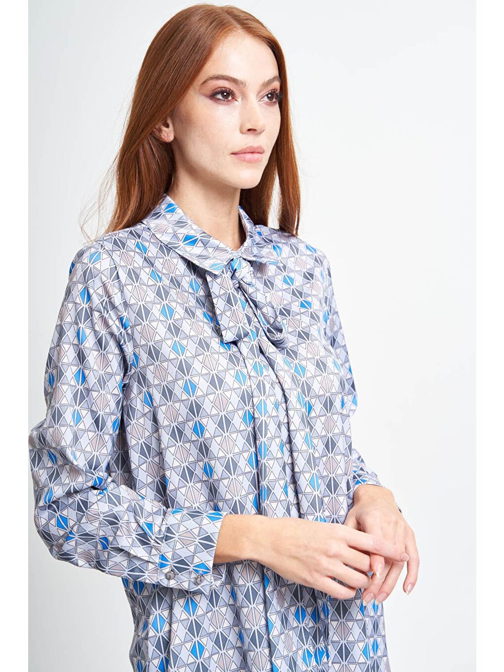 Geometrik Desenli Mavi Gömlek-2