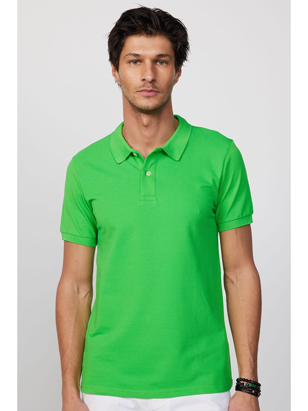 Erkek Slim Fit Dar Kesim %100 Pamuk Düz Pike Yeşil Polo Yaka Tişört-2