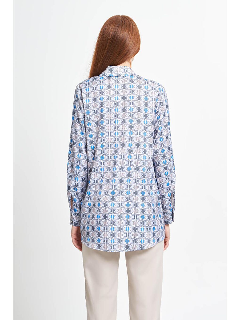 Geometrik Desenli Mavi Gömlek-4