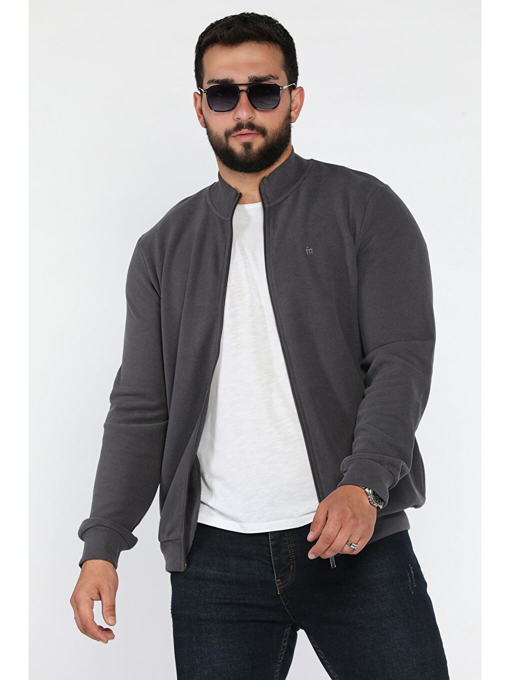 Gri Selanik Kumaş Fermuarlı Erkek Sweatshirt