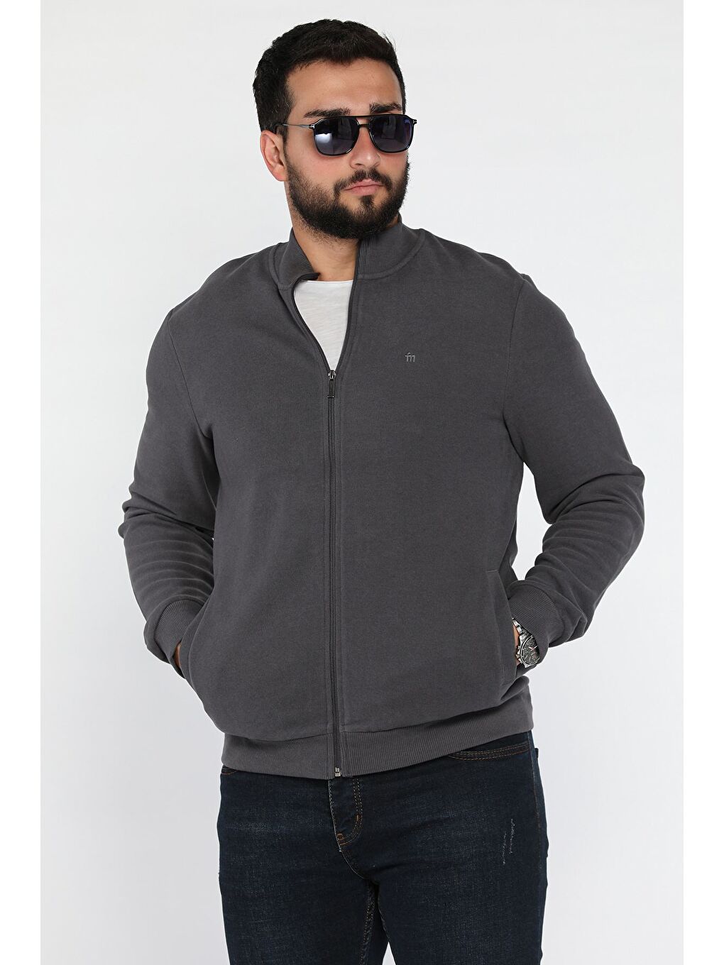 Gri Selanik Kumaş Fermuarlı Erkek Sweatshirt-1