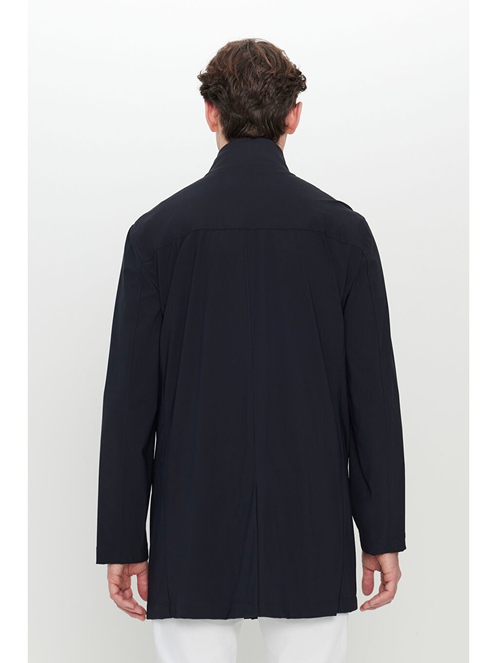 Erkek Lacivert Standart Fit Normal Kesim Dik Yaka Yan Cepli Trençkot-5