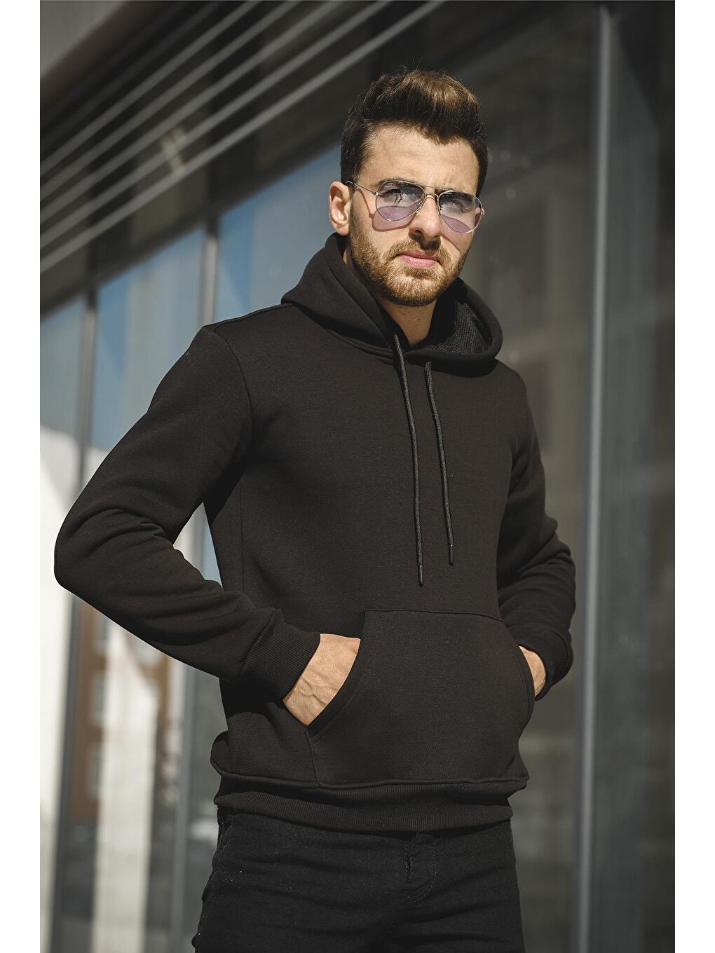 Oksit Siyah Janvier Üç İplik Şardonlu Fitted Kapüşonlu Basic Erkek Sweatshirt