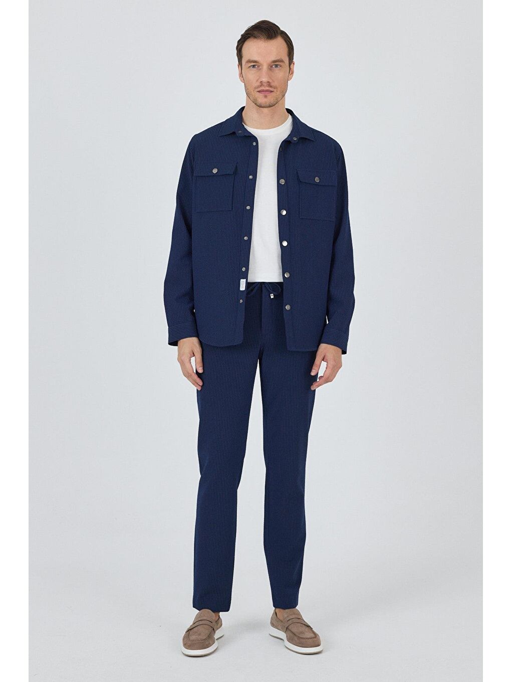 Lacivert Çizgili Desen Gofreli Ayaklı Gömlek Yaka Astarsız Esnek Comfort Fit Mont 1007250117