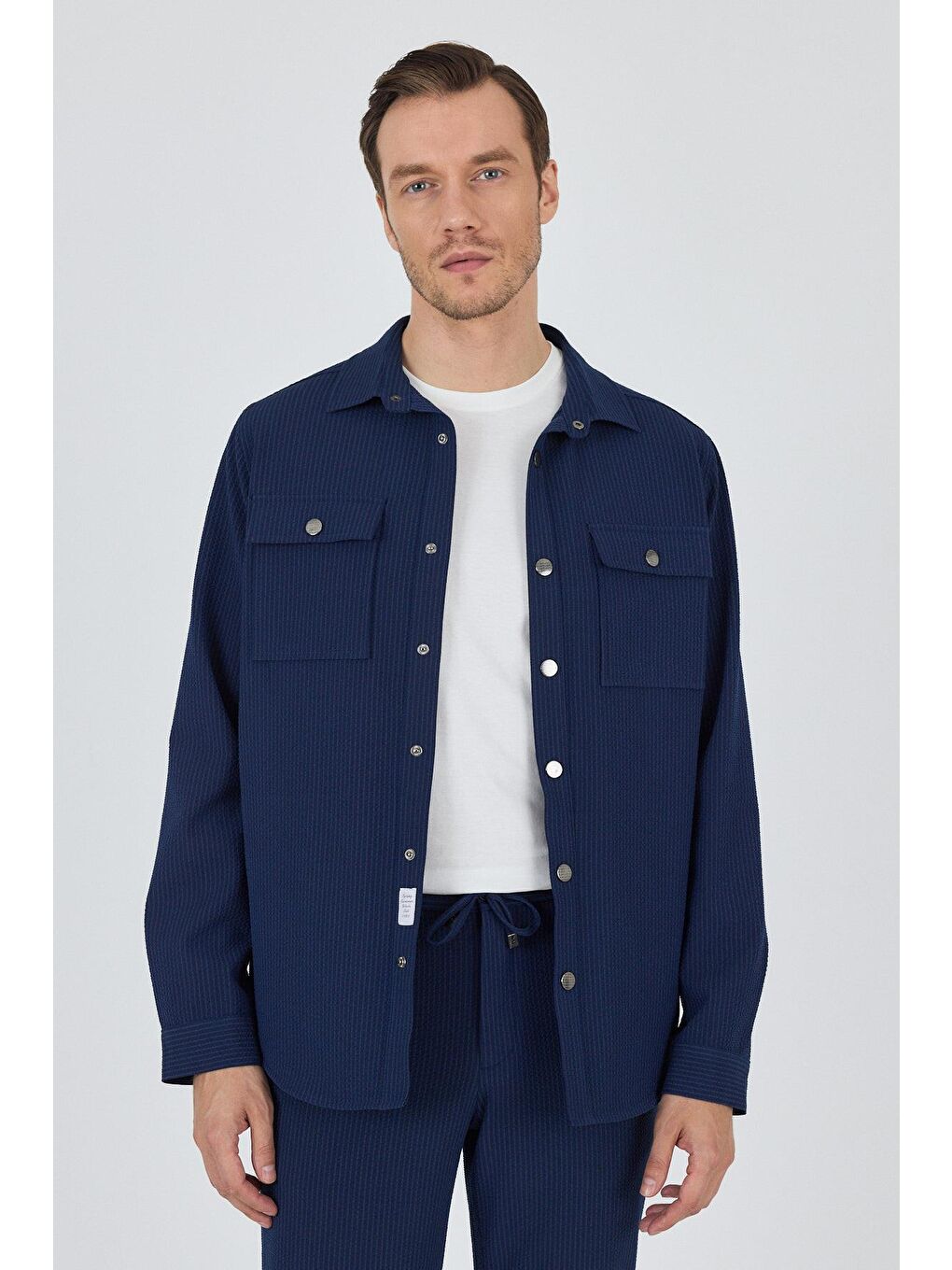 Lacivert Çizgili Desen Gofreli Ayaklı Gömlek Yaka Astarsız Esnek Comfort Fit Mont 1007250117-2