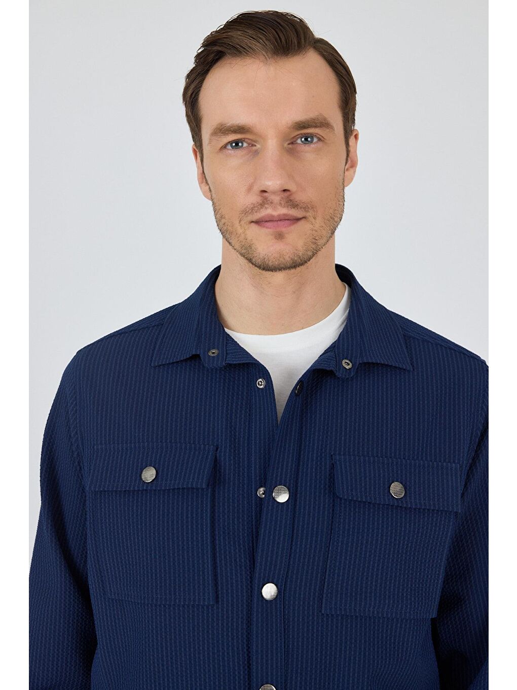 Lacivert Çizgili Desen Gofreli Ayaklı Gömlek Yaka Astarsız Esnek Comfort Fit Mont 1007250117-3