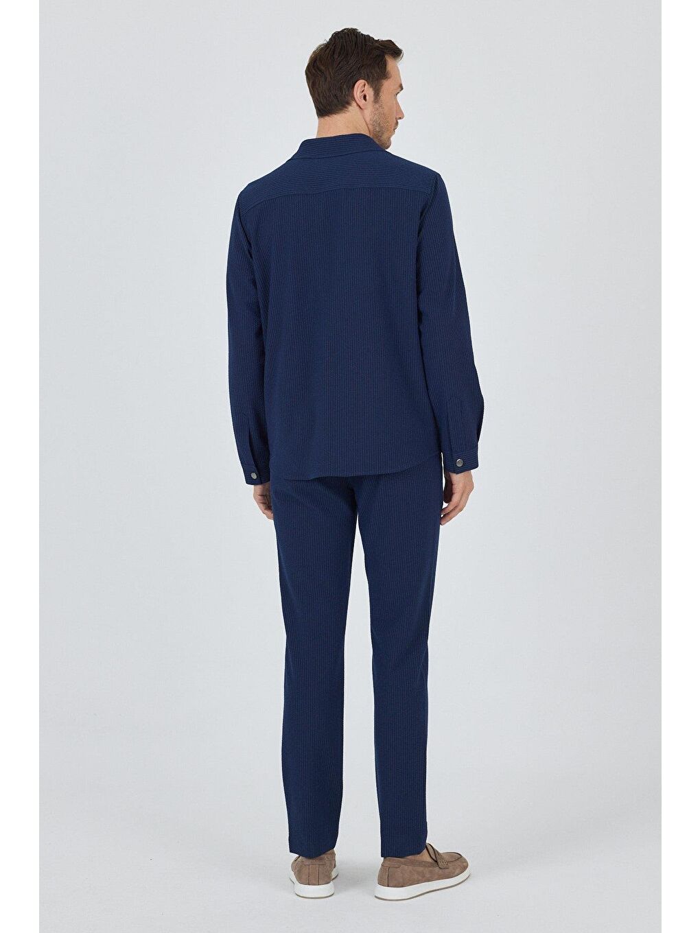 Lacivert Çizgili Desen Gofreli Ayaklı Gömlek Yaka Astarsız Esnek Comfort Fit Mont 1007250117-4