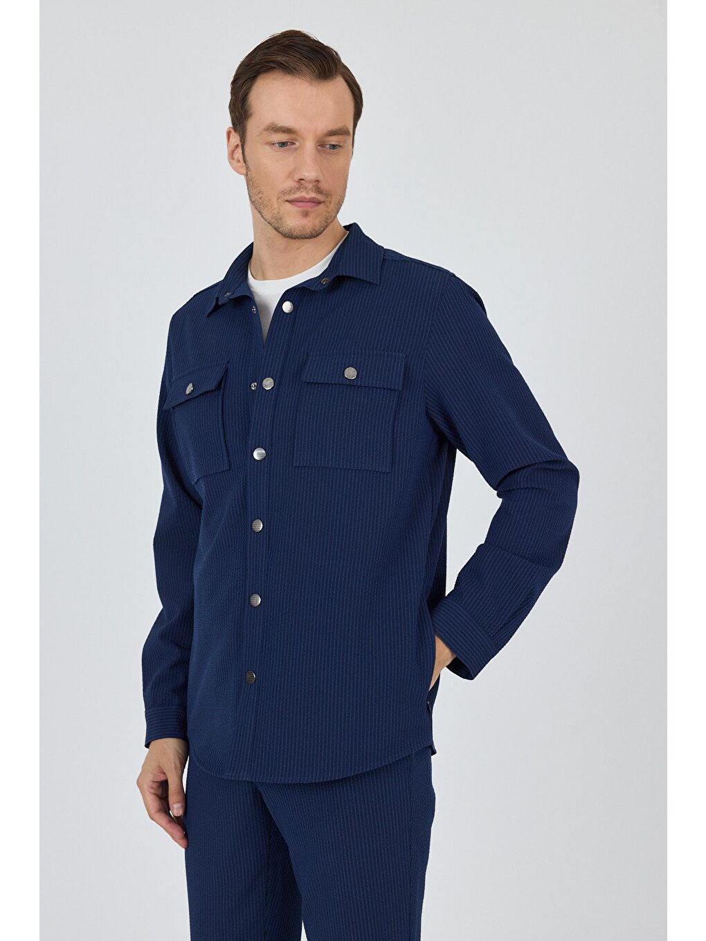 Lacivert Çizgili Desen Gofreli Ayaklı Gömlek Yaka Astarsız Esnek Comfort Fit Mont 1007250117-5