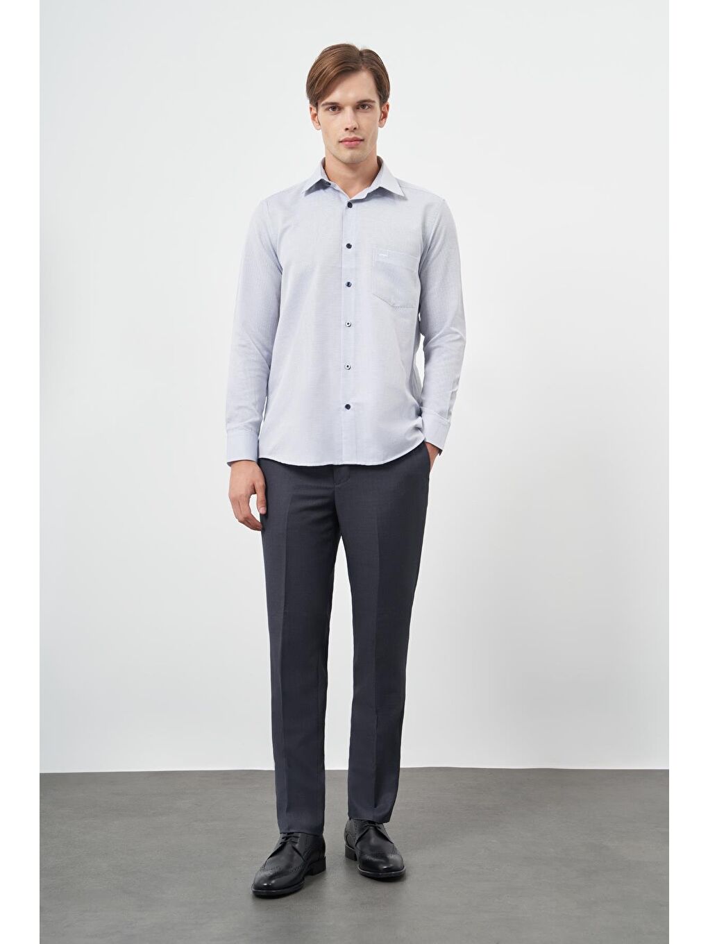 Koyu Lacivert Uzun Kol Kendinden Cepli Pamuklu Classic Comfort Fit Gömlek 1004245213-1