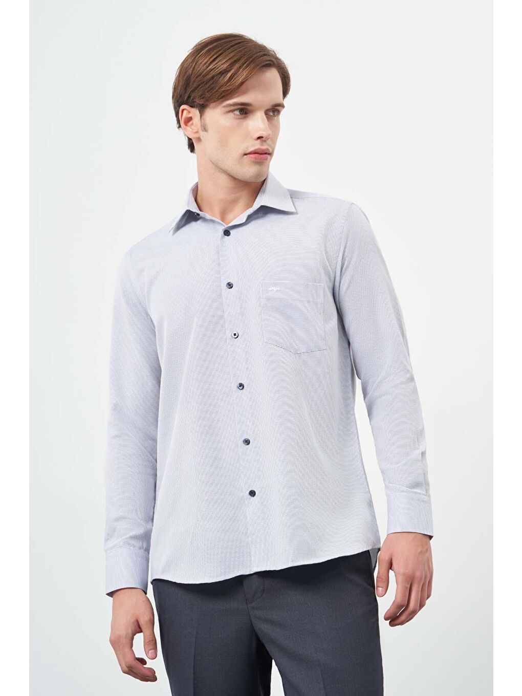 Koyu Lacivert Uzun Kol Kendinden Cepli Pamuklu Classic Comfort Fit Gömlek 1004245213-2