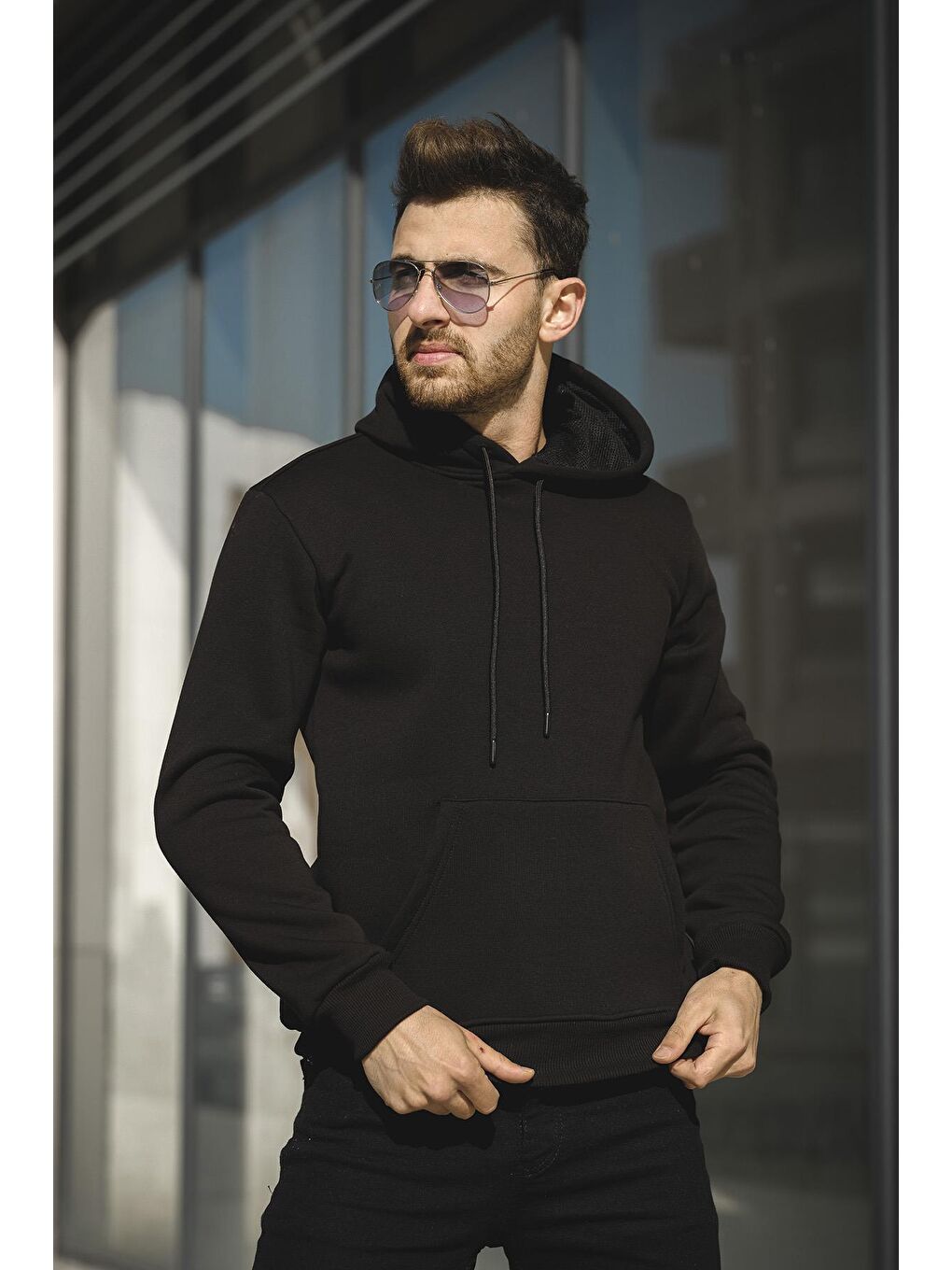 Oksit Siyah Janvier Üç İplik Şardonlu Fitted Kapüşonlu Basic Erkek Sweatshirt - 3