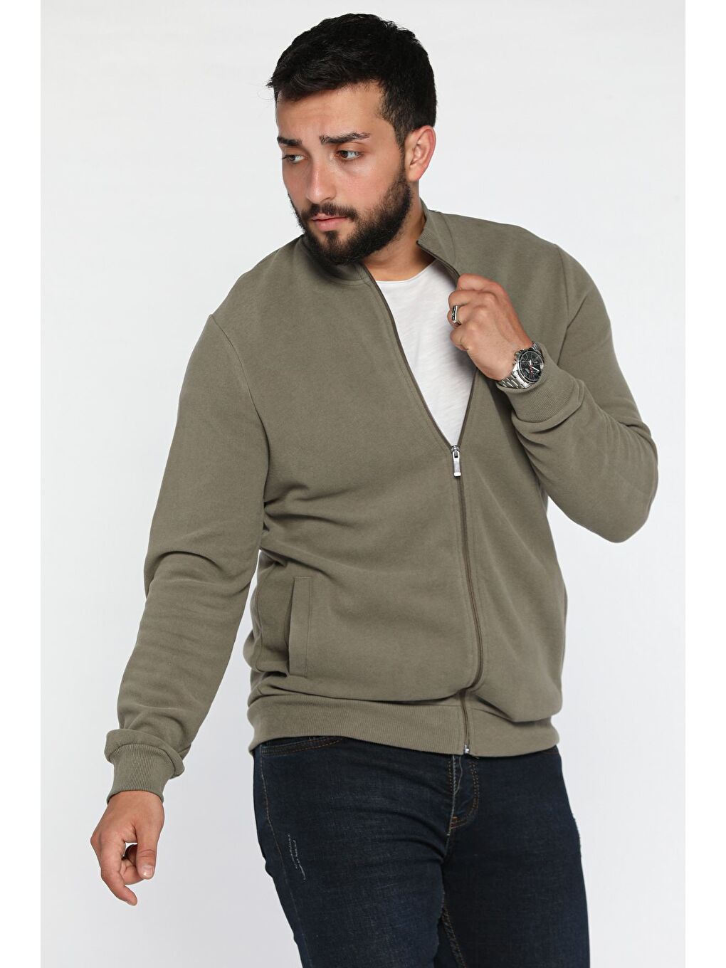 Haki Selanik Kumaş Fermuarlı Erkek Sweatshirt-1