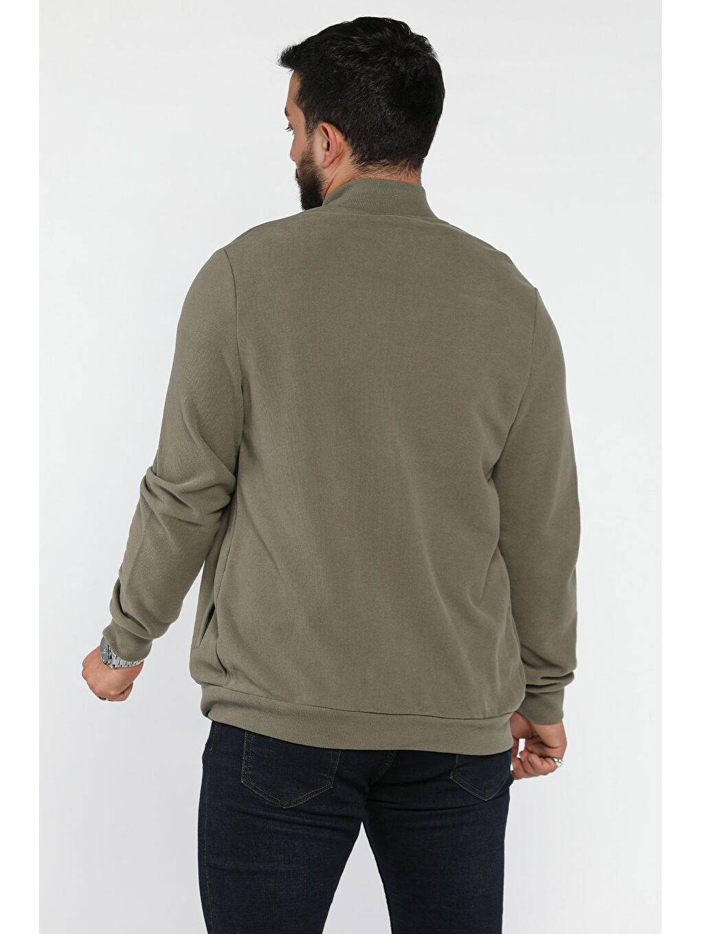 Haki Selanik Kumaş Fermuarlı Erkek Sweatshirt-2