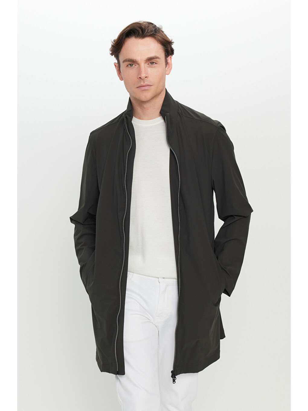 Erkek Haki Standart Fit Normal Kesim Dik Yaka Yan Cepli Trençkot