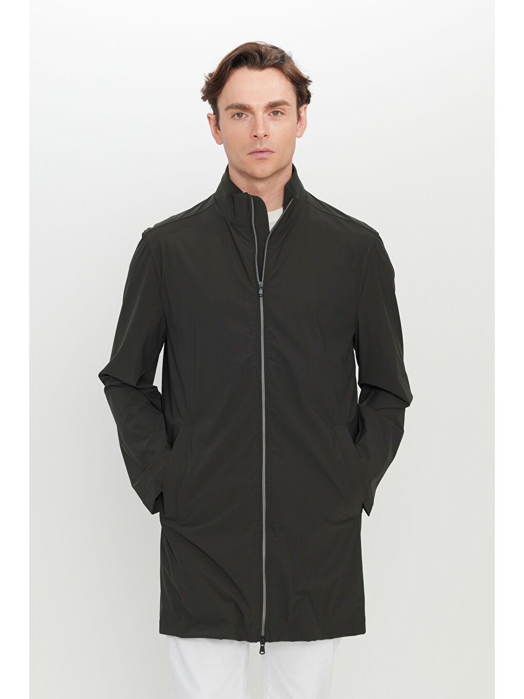 Erkek Haki Standart Fit Normal Kesim Dik Yaka Yan Cepli Trençkot-2