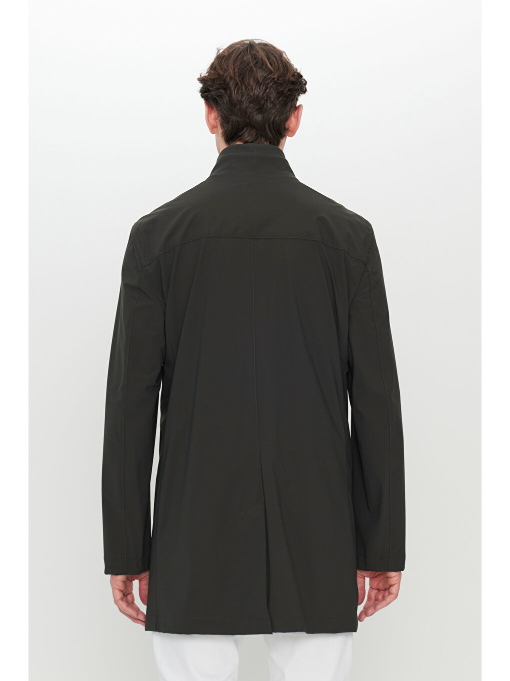 Erkek Haki Standart Fit Normal Kesim Dik Yaka Yan Cepli Trençkot-5