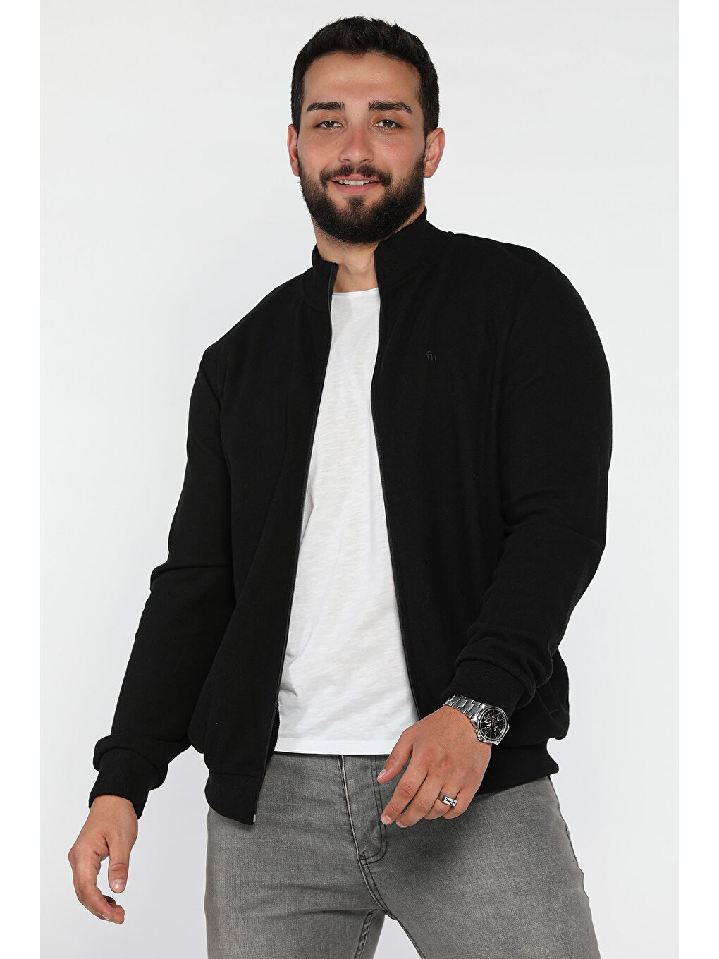 Siyah Selanik Kumaş Erkek Fermuarlı Sweatshirt Hırka