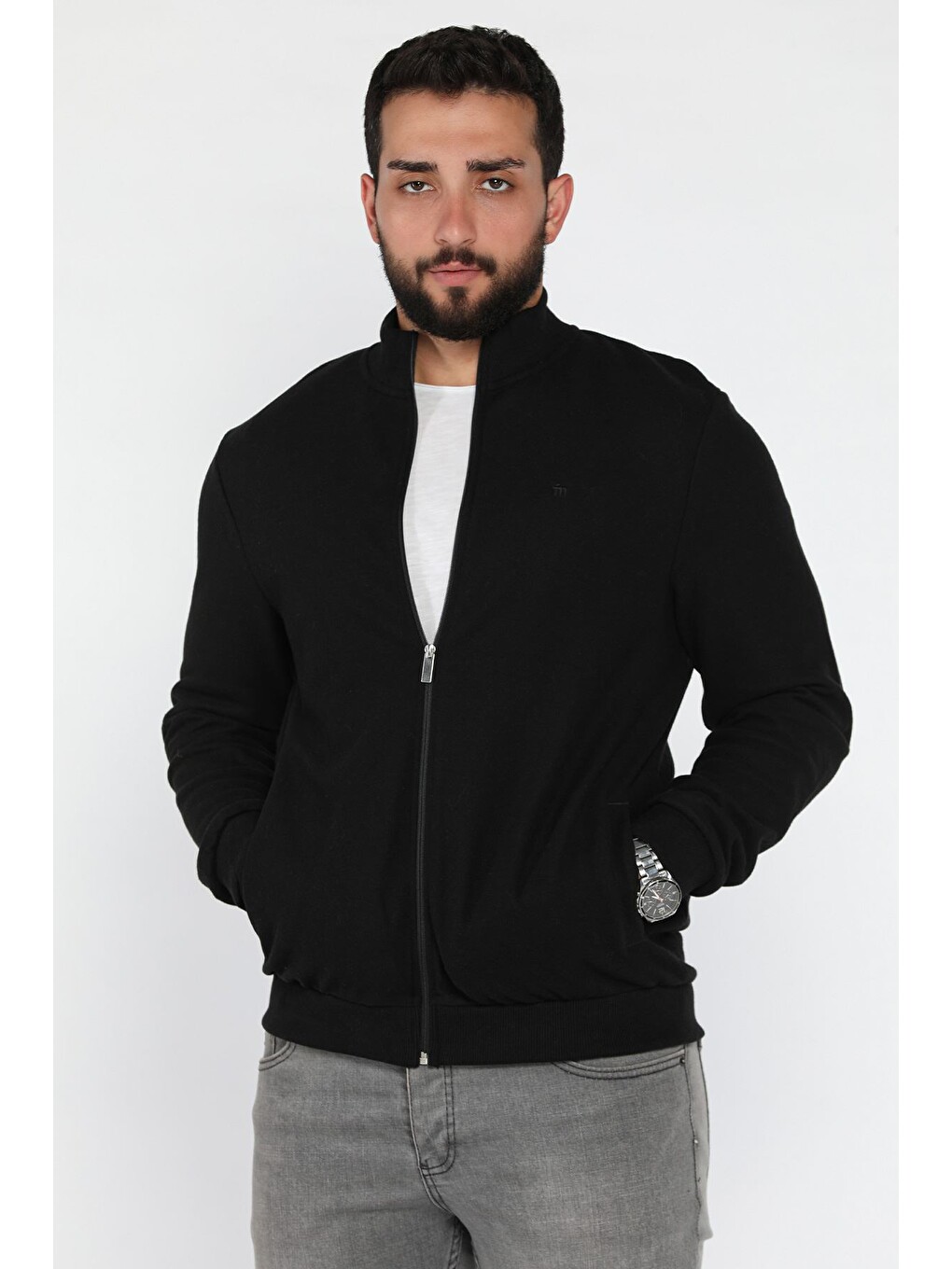 Siyah Selanik Kumaş Erkek Fermuarlı Sweatshirt Hırka-1