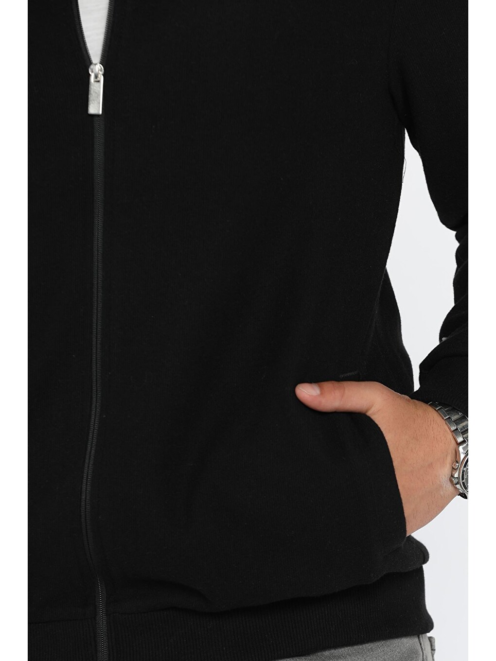 Siyah Selanik Kumaş Erkek Fermuarlı Sweatshirt Hırka-3