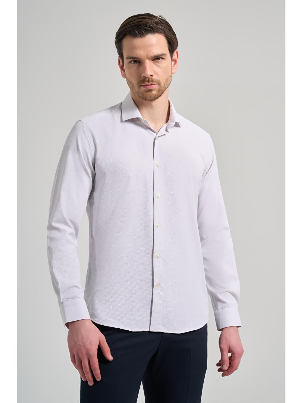 Gri Uzun Kol Desenli Armürlü İtalyan Yaka Cepsiz Pamuklu Classic Slim Fit Gömlek 1004250161