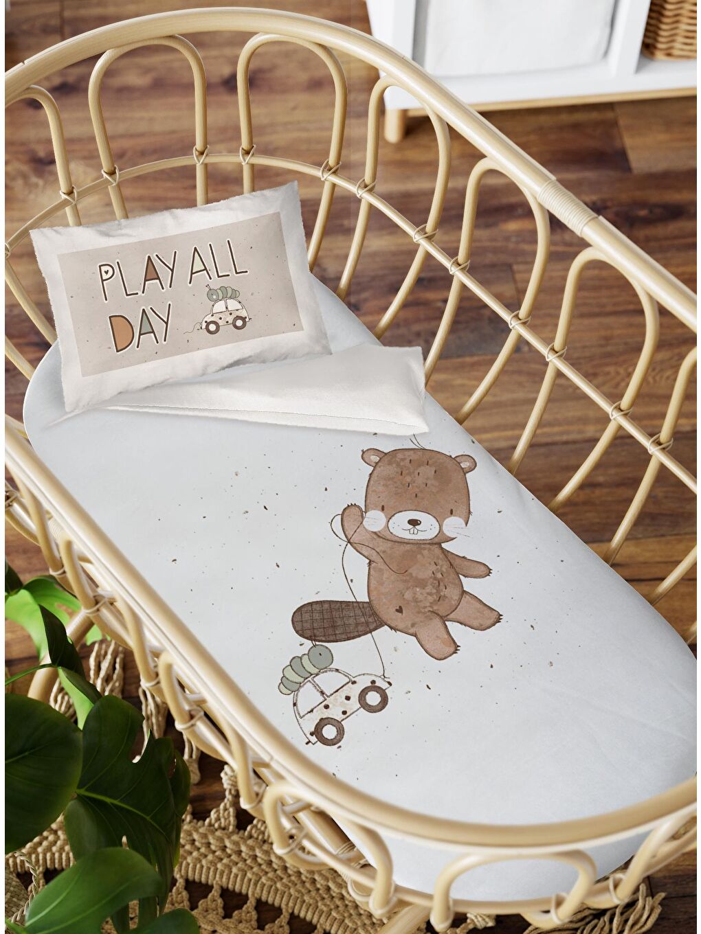 LUGGİ BABY Beyaz Play All Day Baskılı Anne Yanı Beşik Bebek Nevresim Takımı 3'lü  60 x 100 cm