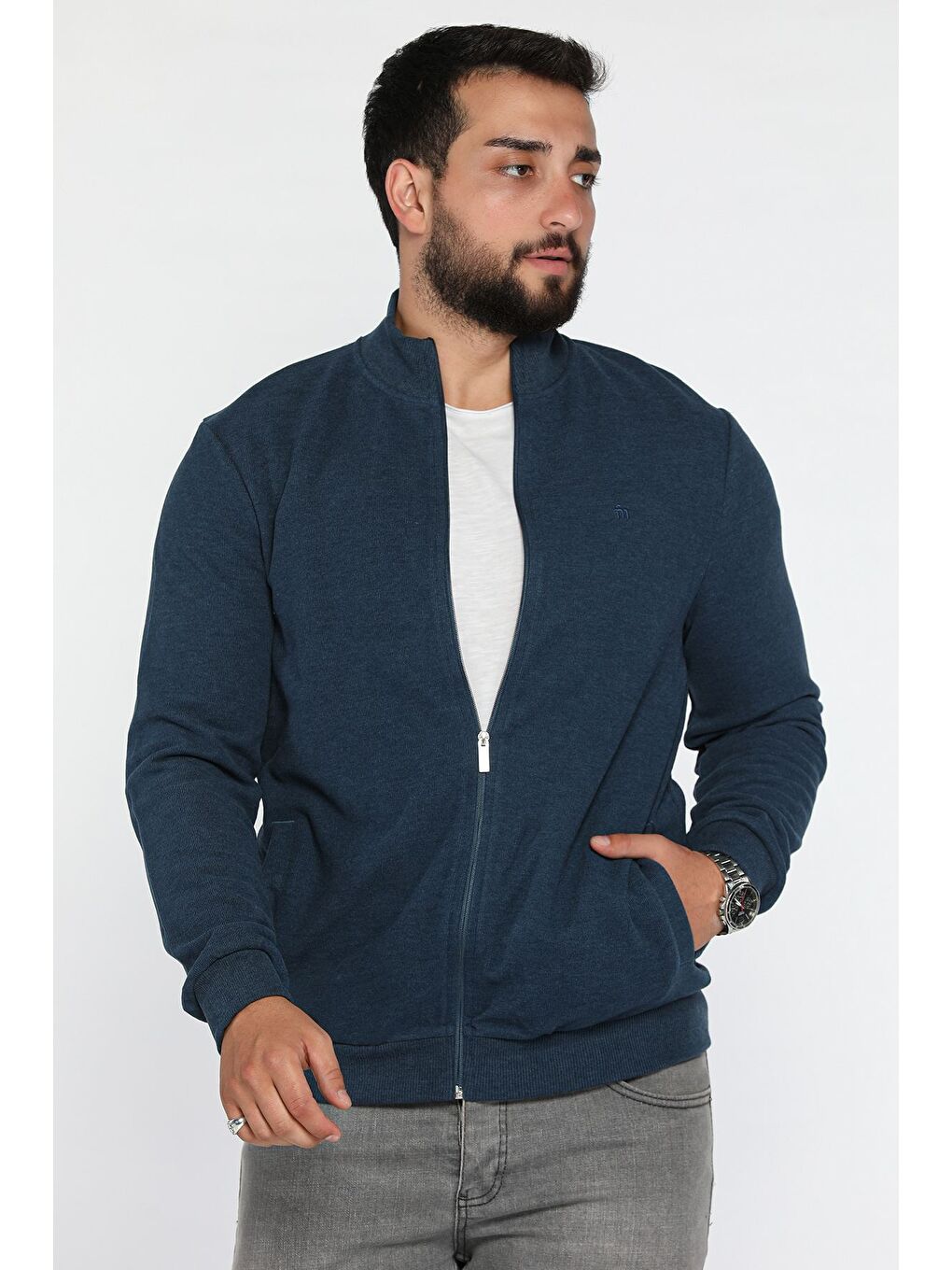 İndigo Selanik Kumaş Fermuarlı Erkek Sweatshirt-1