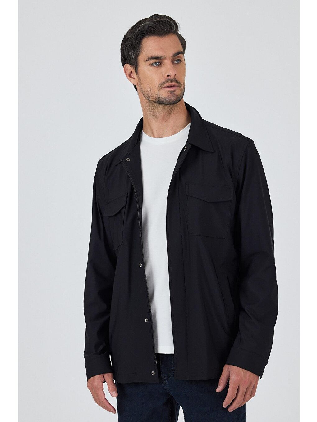 Siyah Düz Gabardin Gömlek Yaka Tam Astar Esnek Standart Fit Ceket 1007250111